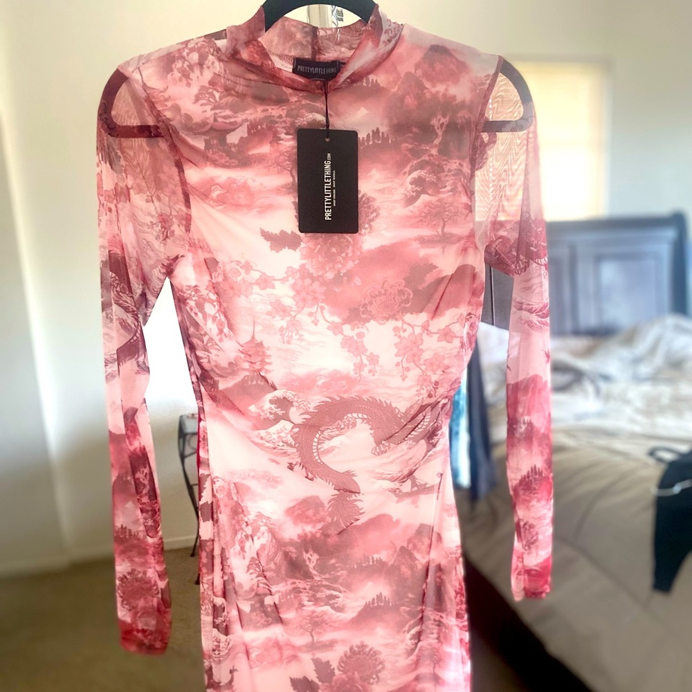 Long sleeve mesh body on dress, size 12, midi pretty little thing